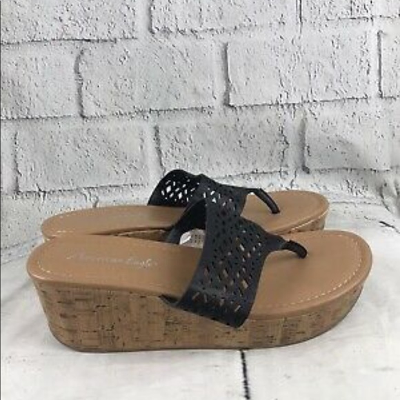 American Eagle Black Cutouts Cork Platform Wedge Slide On Sandals - Picture 2 of 5